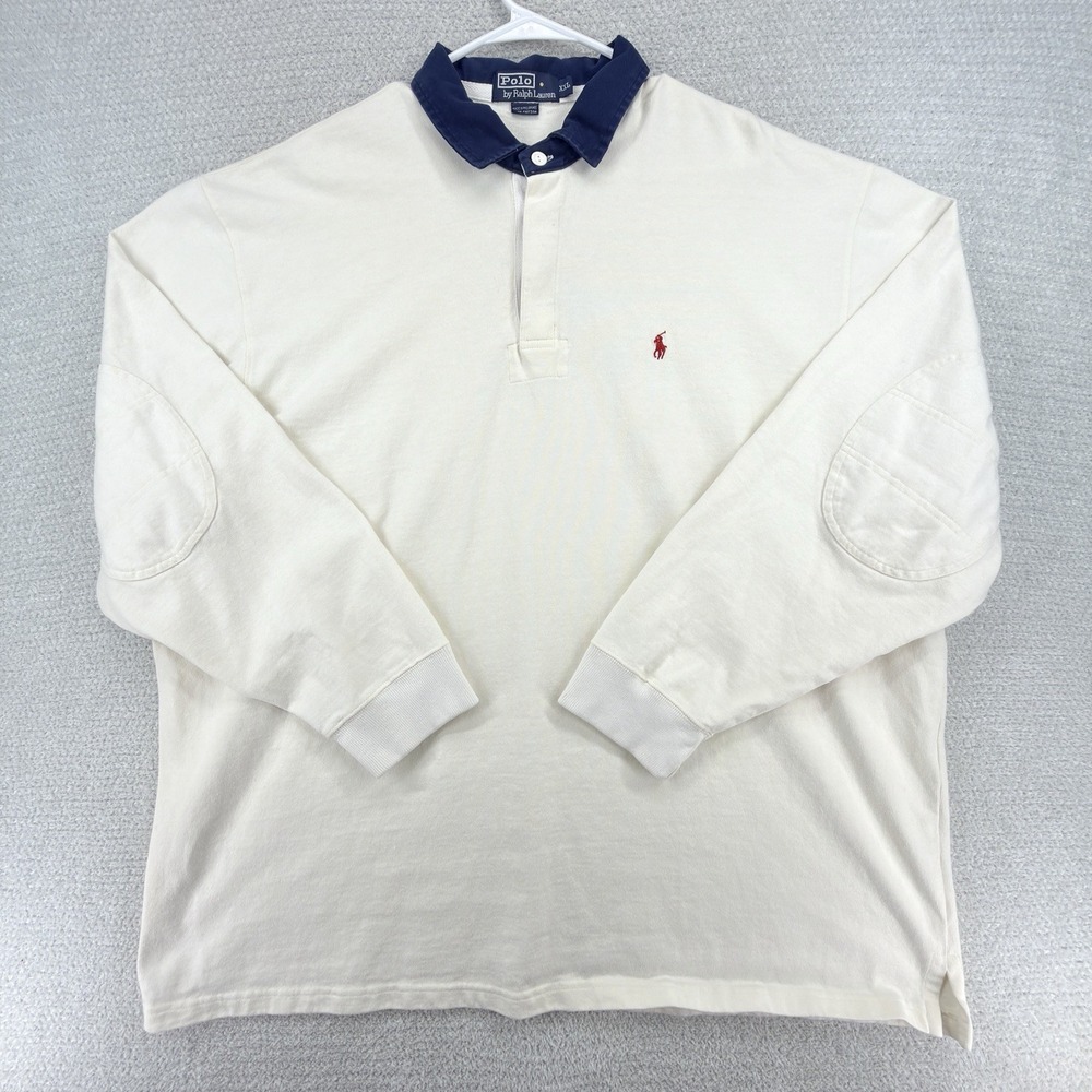 Vintage Polo Ralph Lauren Rugby Shirt Mens XXL Ivory Elbow Patch Y2K Pony